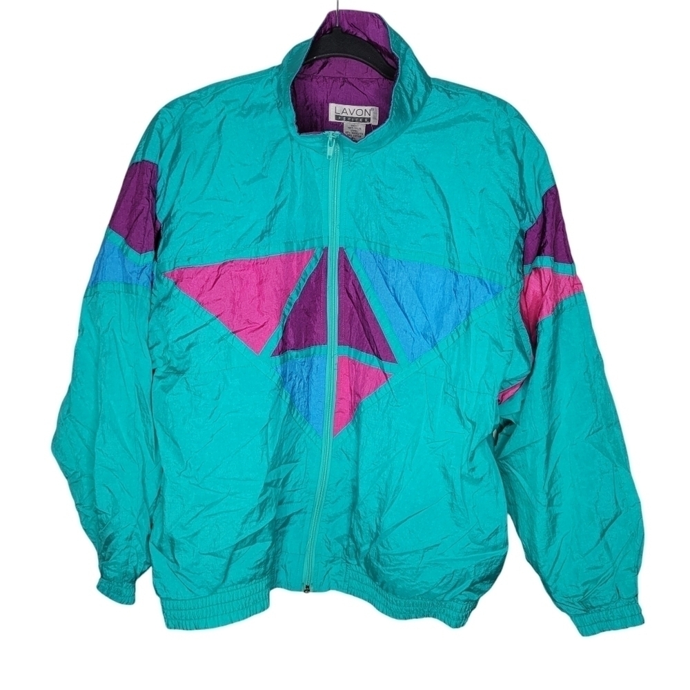 Vintage 90s Lavon Geometric Windbreaker Jacket in Cyan Blue Pink Size PL